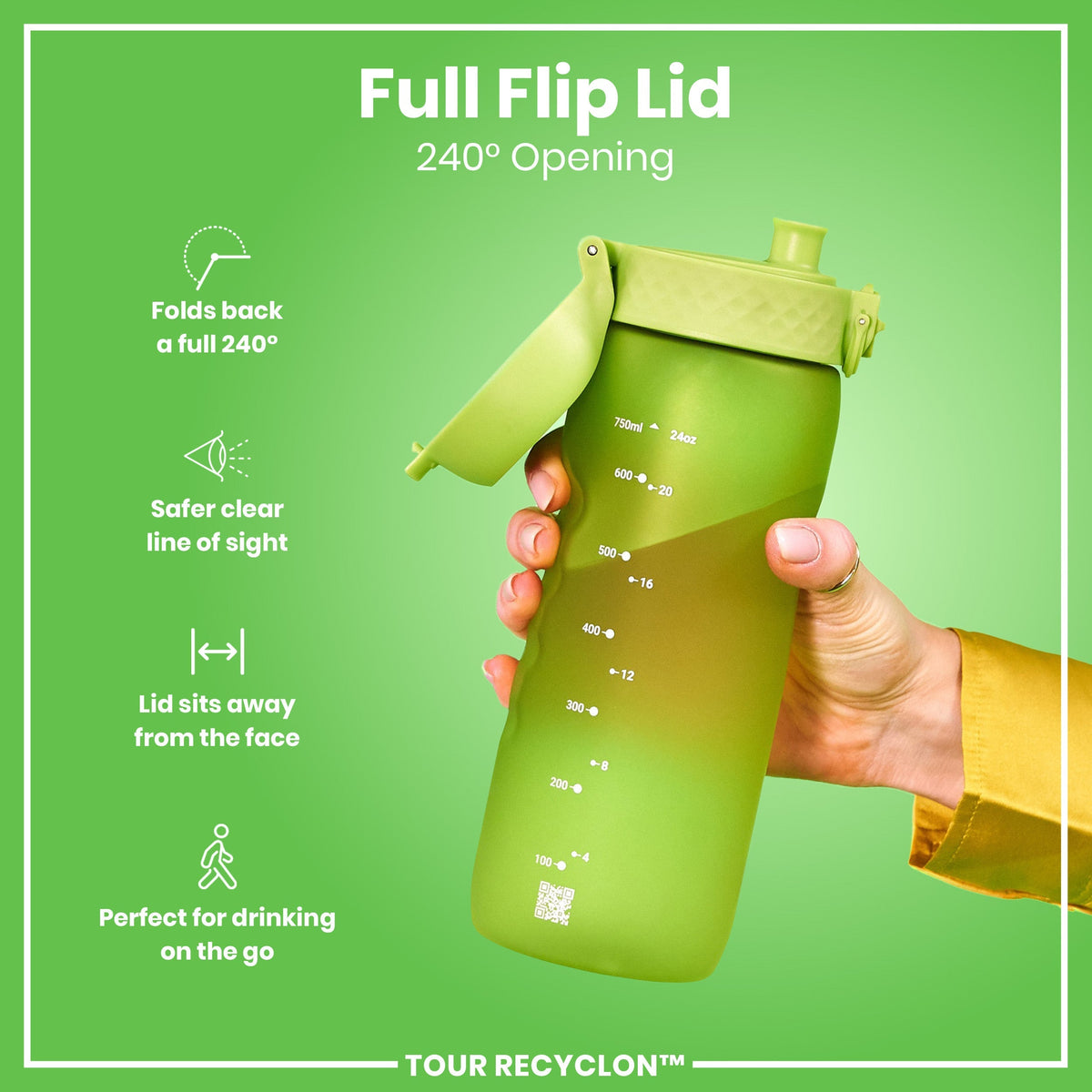 A green water bottle with a 240° opening lid is held by a hand; the bottle is marked with milliliters and ounces. The background is green. The lid folds back fully, offering a safer view.