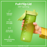 A green water bottle with a 240° opening lid is held by a hand; the bottle is marked with milliliters and ounces. The background is green. The lid folds back fully, offering a safer view.