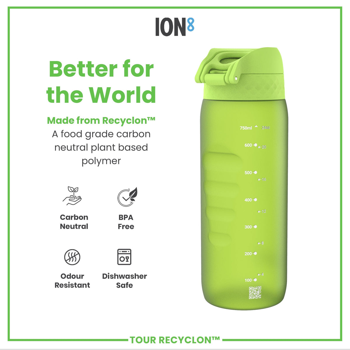 A lime green water bottle sits against a white background; it is made from a plant-based polymer and is BPA-free, dishwasher-safe, and odor-resistant. The bottle displays milliliter and ounce measurements. "Better for the World" and "Made from Recyclon™" are displayed.
