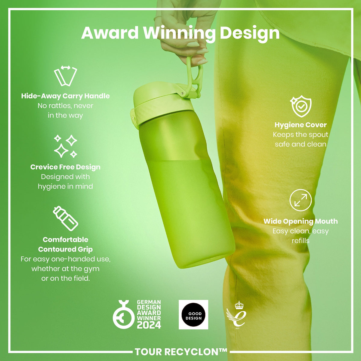 A light green water bottle is held; its features are highlighted, including a hide-away handle, crevice-free design, contoured grip, hygiene cover, and wide mouth. The bottle is an award-winning design.