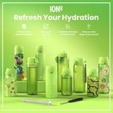 Several green ION8 water bottles, of varying sizes and designs, are displayed on a lime green surface. A straw and carrying strap are also shown. The text reads: 