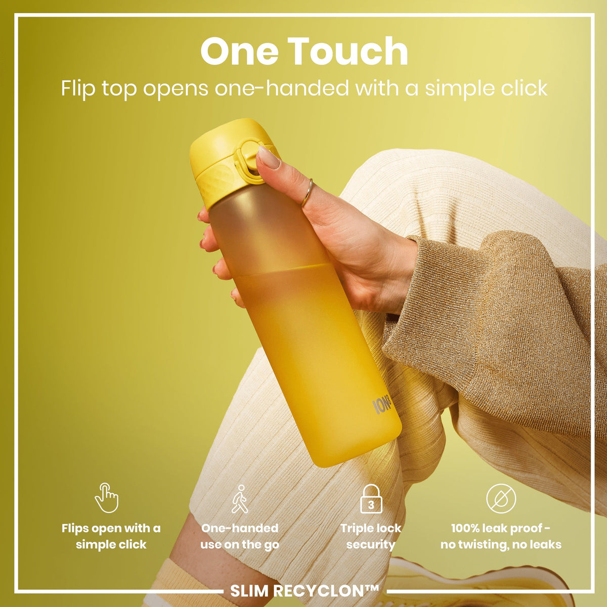 A yellow water bottle is being held; its flip top opens with one hand. The bottle is in the hand of a person wearing a beige sweater against a yellow background. The text reads: "One Touch. Flip top opens one-handed with a simple click." Further information details the bottle’s features.