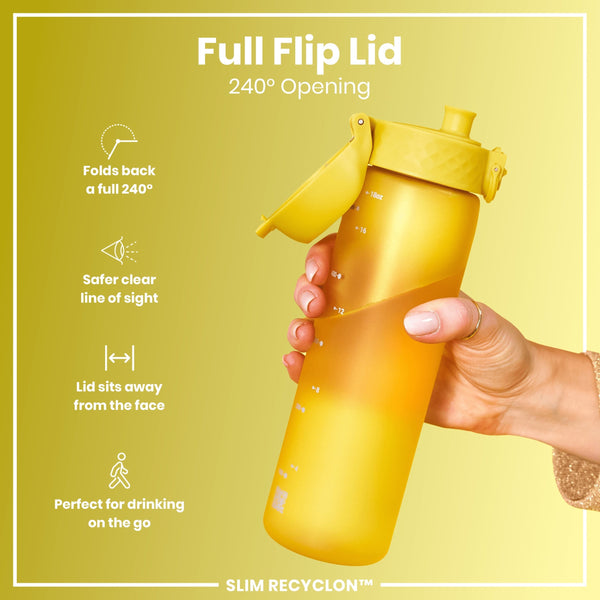 A yellow water bottle, being held, features a 240° opening flip lid. The bottle is shown against a yellow background, and text highlights its design features. Full Flip Lid, 240° Opening, SLIM RECYCLON™.