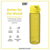 A yellow water bottle, sits upright, showcasing its features and specifications against a white background. Better for the World. Made from Recyclon™. A food grade carbon neutral plant based polymer. Carbon Neutral. BPA Free. Odour Resistant. Dishwasher Safe. SLIM RECYCLON™.