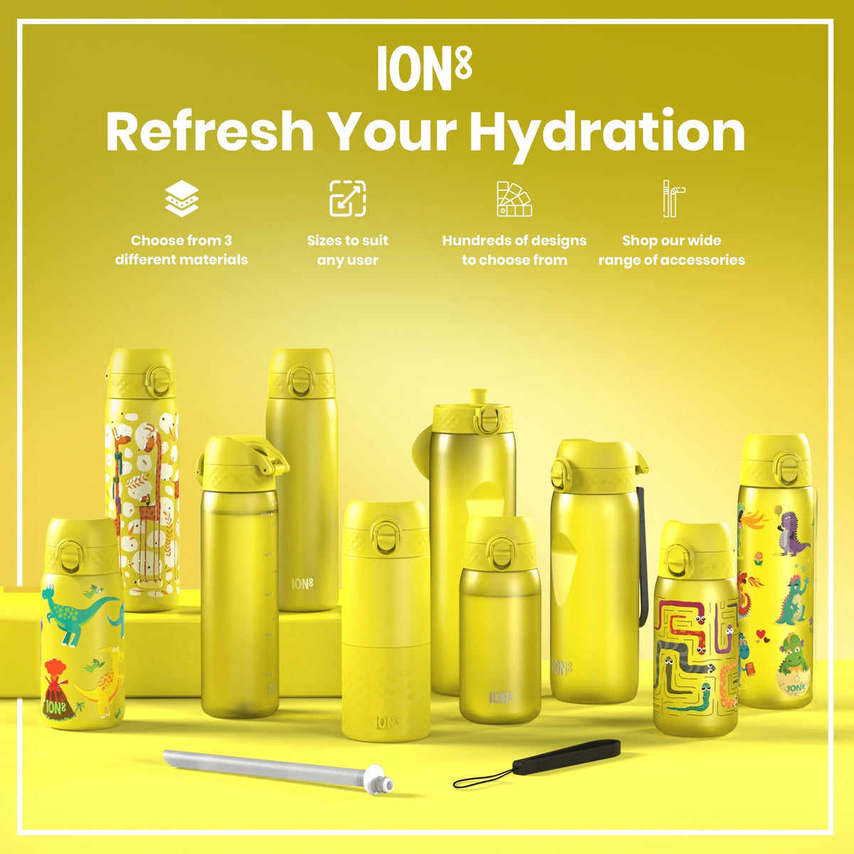 Multiple yellow water bottles, various sizes and designs, are displayed on a yellow background. Refresh Your Hydration. Choose from 3 different materials. Sizes to suit any user. Hundreds of designs to choose from. Shop our wide range of accessories.