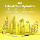 Multiple yellow water bottles, various sizes and designs, are displayed on a yellow background. Refresh Your Hydration. Choose from 3 different materials. Sizes to suit any user. Hundreds of designs to choose from. Shop our wide range of accessories.
