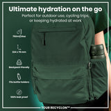 A dark-green backpack, shown being worn, is advertised as ideal for outdoor activities, cycling, or workplace hydration. It's 750ml/24oz, 224 x 78 mm, backpack-friendly, fits bottle holders, and is 100% leak-proof. TOUR RECYCLON™