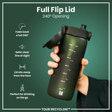 A dark-green water bottle with a black lid is held; its lid flips open 240 degrees. Measurements in milliliters and ounces are printed on the bottle. The background is a dark-green.