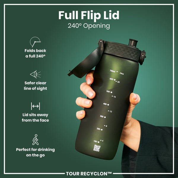 A dark-green water bottle with a black lid is held; its lid flips open 240 degrees. Measurements in milliliters and ounces are printed on the bottle. The background is a dark-green.