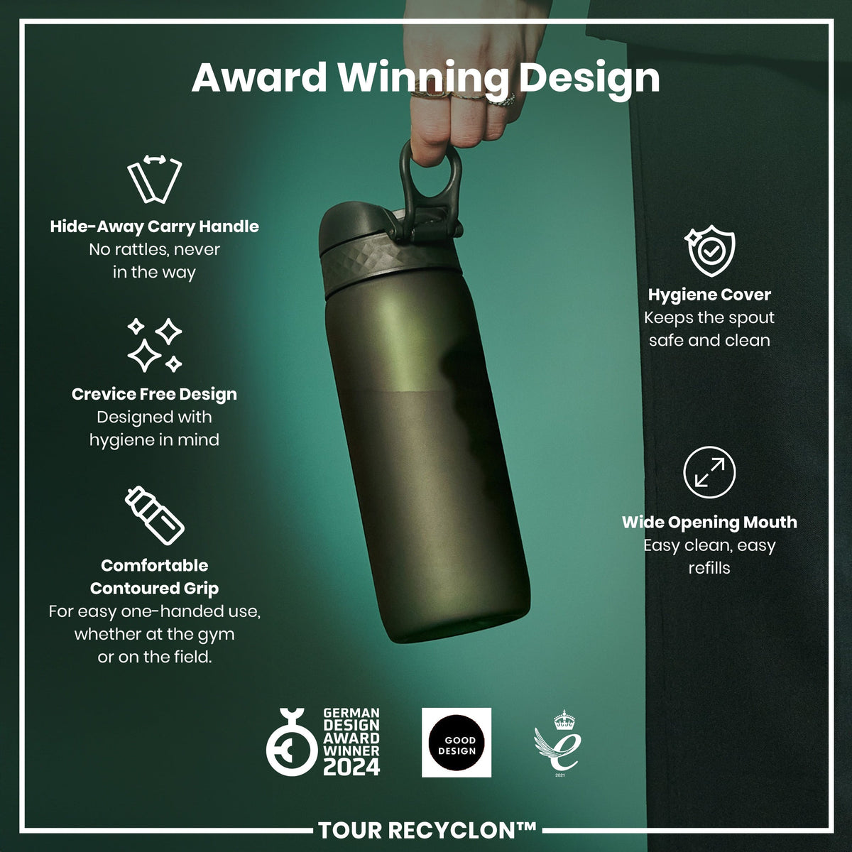A dark-green water bottle is being held; its features are highlighted. The bottle has a hide-away handle, crevice-free design, contoured grip, hygiene cover, and wide opening mouth. Awards are shown for its design.