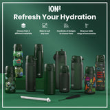 Several dark-green ION8 water bottles, varying in size and design, are displayed on a green surface. Accessories are shown nearby. 