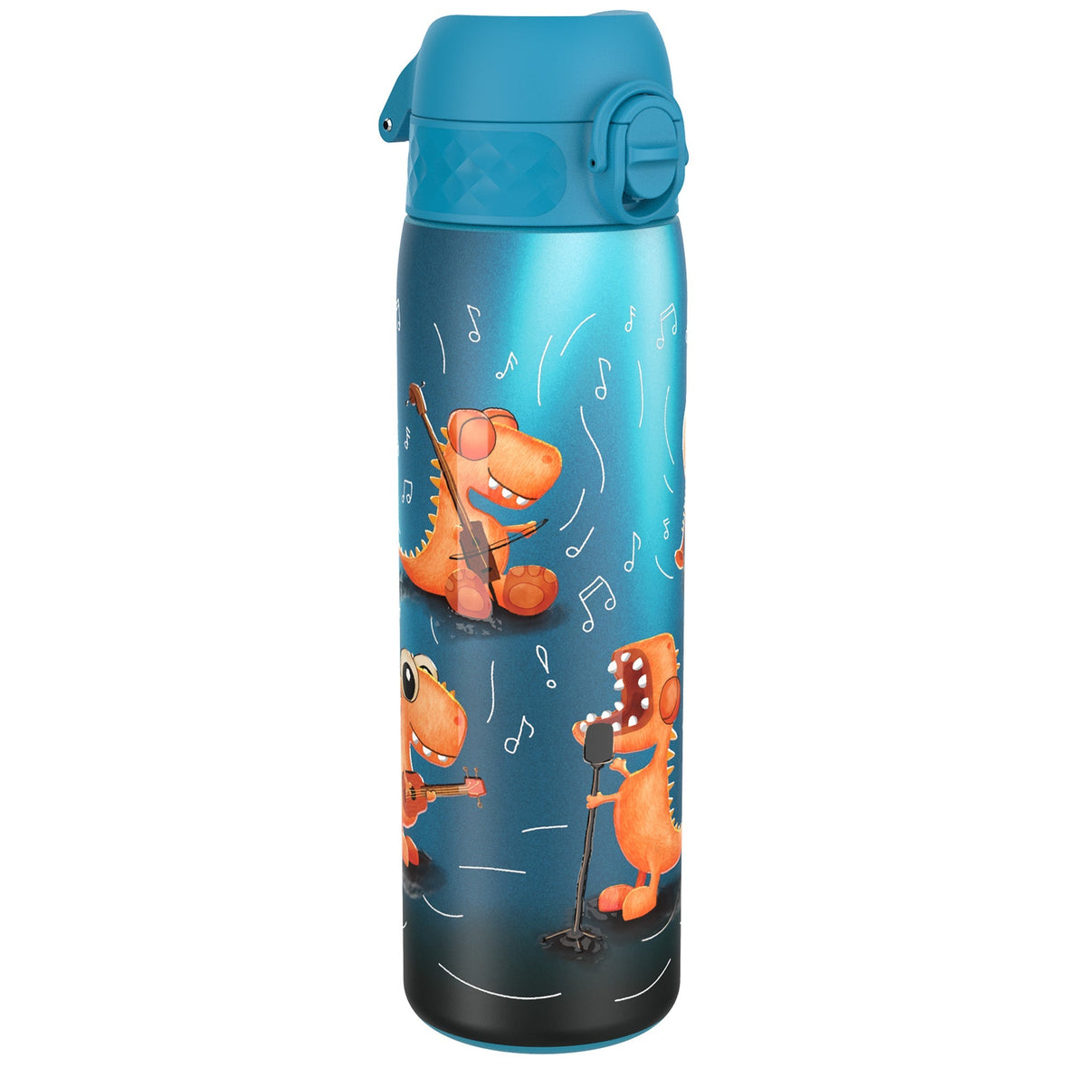 A water bottle, featuring cartoon dinosaurs playing musical instruments, stands against a white background.