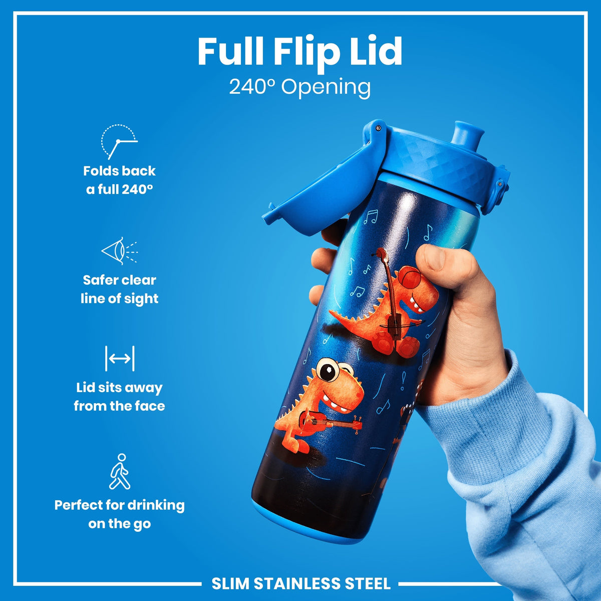 A slim stainless steel water bottle, with a full flip lid, is being held against a bright blue background. The lid provides a 240° opening. The bottle features a playful design. Full Flip Lid 240° Opening. SLIM STAINLESS STEEL.