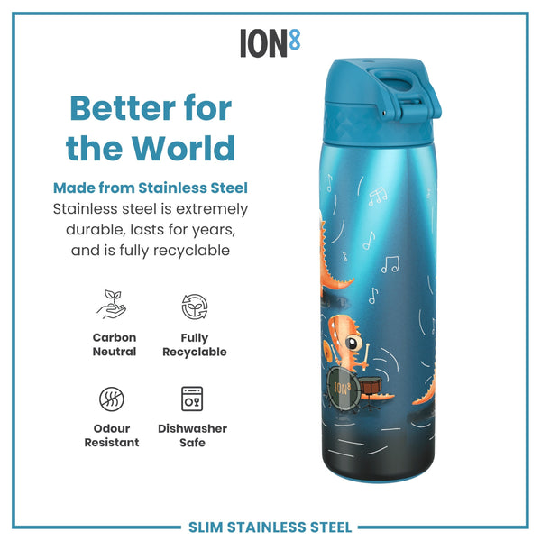 A teal stainless steel water bottle, featuring a cartoon lizard playing drums, sits against a white background. The bottle is advertised as better for the world, carbon neutral, fully recyclable, odour resistant, and dishwasher safe.