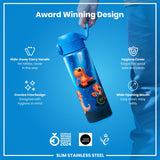 A blue water bottle, with a dinosaur design, is being held. Its features include a hide-away handle, crevice-free design, hygiene cover, and wide mouth. It’s an award-winning, slim stainless steel bottle.