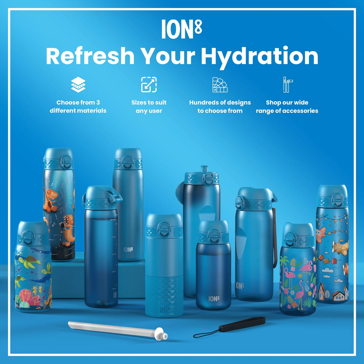 Several blue water bottles, of varying sizes and designs, are displayed on a blue surface. They showcase different material choices and accessories. The text reads: "ION8 Refresh Your Hydration," along with details on materials, sizes, designs, and accessories.