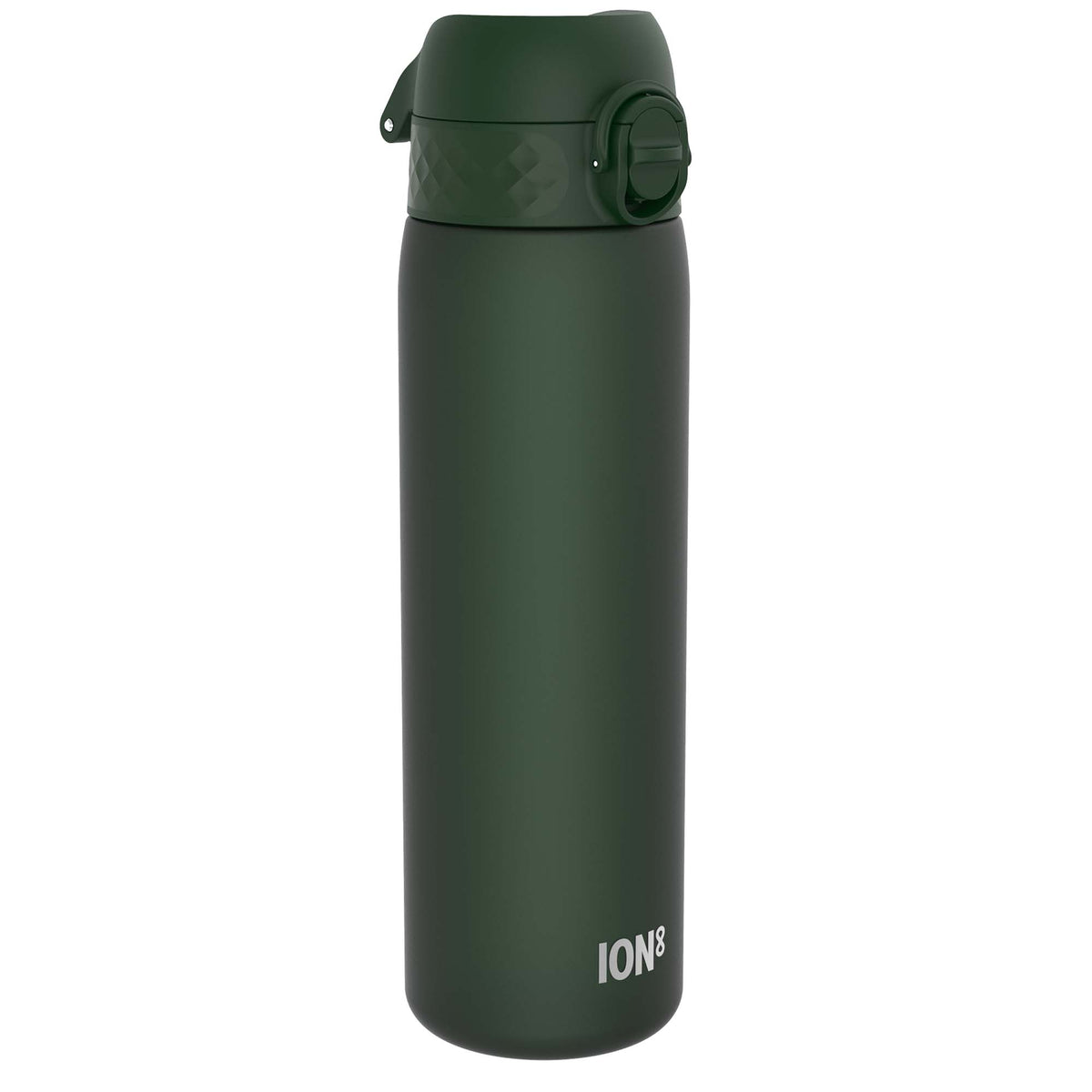 A dark-green ION8 water bottle stands upright against a white background. The bottle has a screw-on lid with a carrying loop.