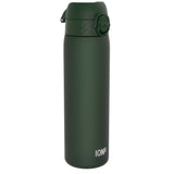 A dark-green ION8 water bottle stands upright against a white background. The bottle has a screw-on lid with a carrying loop.