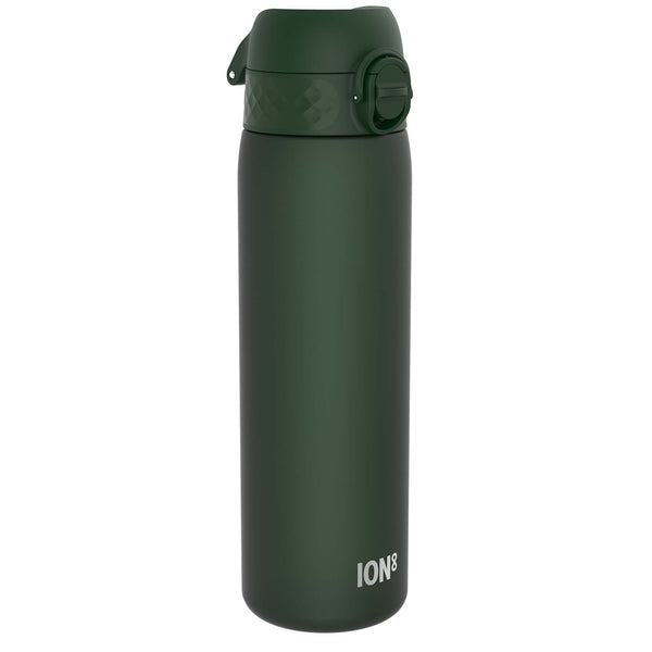 A dark-green ION8 water bottle stands upright against a white background. The bottle has a screw-on lid with a carrying loop.