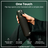 A black, cylindrical water bottle is being held; its flip top opens with one hand via a simple click. The bottle is shown against a dark green background. SLIM RECYCLON™ is indicated on the bottle.