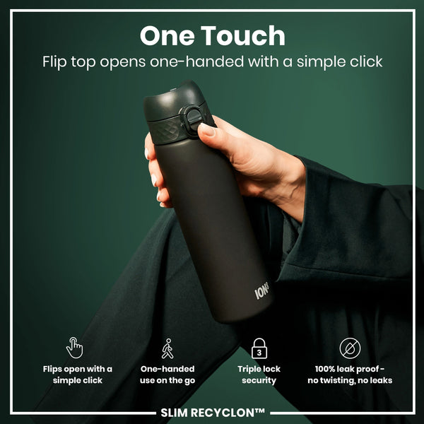A black, cylindrical water bottle is being held; its flip top opens with one hand via a simple click. The bottle is shown against a dark green background. SLIM RECYCLON™ is indicated on the bottle.