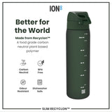 A dark-green water bottle stands against a white background. It displays volume markings and a QR code. The bottle is made from a plant-based, carbon-neutral polymer.