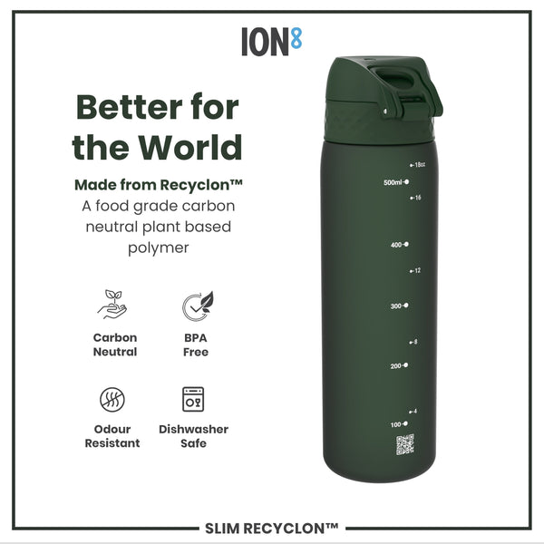 A dark-green water bottle stands against a white background. It displays volume markings and a QR code. The bottle is made from a plant-based, carbon-neutral polymer.