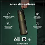 A dark-green water bottle is being held. It has a hide-away handle, crevice-free design, hygiene cover, and wide mouth. Awards from 2021 and 2024 are shown.
