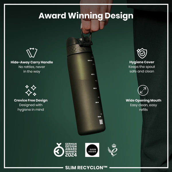 A dark-green water bottle is being held. It has a hide-away handle, crevice-free design, hygiene cover, and wide mouth. Awards from 2021 and 2024 are shown.