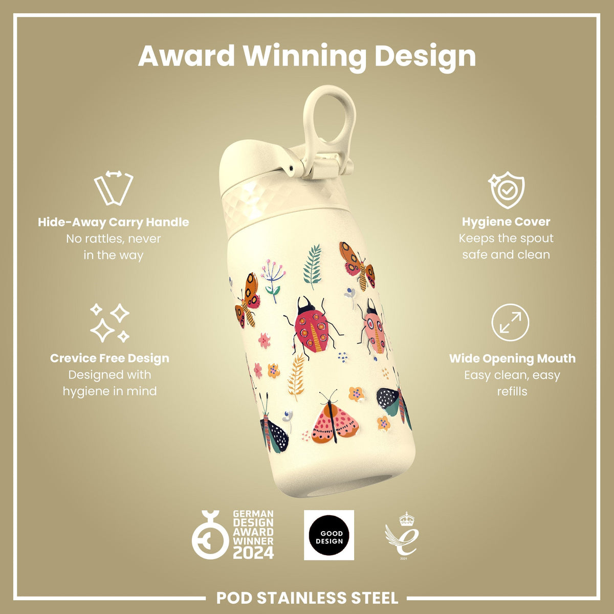 Leichte Edelstahl-Wasserflasche, Insektenwelt, 400 ml