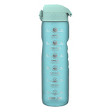 A teal water bottle, displaying hydration goals with corresponding times, stands against a white background.
