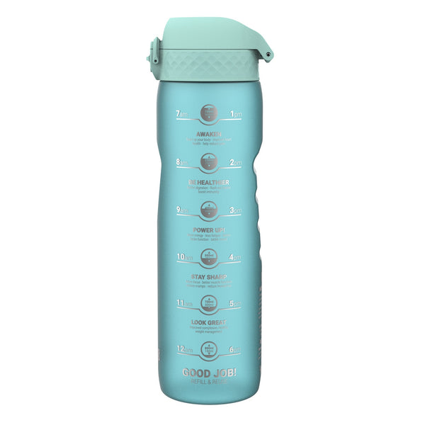 A teal water bottle, displaying hydration goals with corresponding times, stands against a white background.