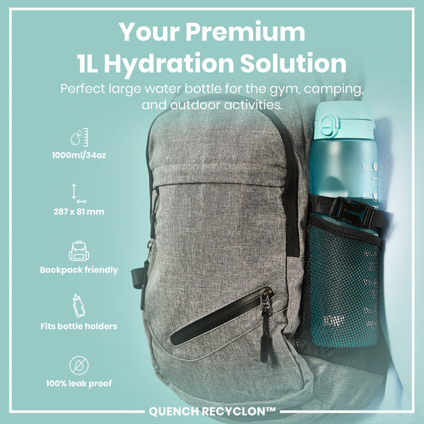 A gray backpack holds a teal 1L water bottle; it is advertised as a hydration solution for gym, camping, and outdoor activities. 1000ml/34oz; 287 x 81 mm; backpack friendly; fits bottle holders; 100% leak proof; Quench Recyclon™.