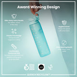 A light-blue water bottle is being held. Its features include a hide-away handle, a crevice-free design, and a wide mouth. The bottle is marketed as an award-winning design.