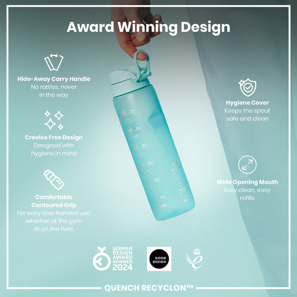 A light-blue water bottle is being held. Its features include a hide-away handle, a crevice-free design, and a wide mouth. The bottle is marketed as an award-winning design.