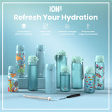 Several pastel-blue water bottles, varying in size and design, are displayed on a light-blue surface. They feature various colorful prints. Accompanying accessories are also shown. ION8 branding is visible.