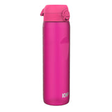 A pink water bottle stands against a white background. The bottle features a pink lid with a carrying loop and has the word 