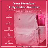 A pink, 1L water bottle fits inside a pink backpack's side pocket; it's advertised as perfect for gym, camping, and outdoor use; it's backpack friendly, fits bottle holders and is leak proof.