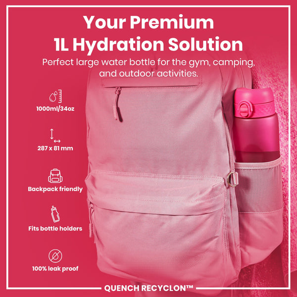 A pink, 1L water bottle fits inside a pink backpack's side pocket; it's advertised as perfect for gym, camping, and outdoor use; it's backpack friendly, fits bottle holders and is leak proof.