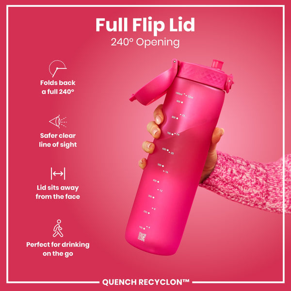 A pink water bottle with a full flip lid is being held; its 240° opening and measurement markings are visible against a pink background. QUENCH RECYCLON™ is also present.