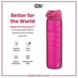 A pink water bottle sits against a white background; it is made from a plant-based polymer. The bottle shows volume markings in milliliters and ounces; 