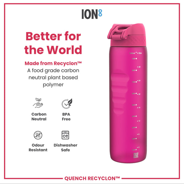 A pink water bottle sits against a white background; it is made from a plant-based polymer. The bottle shows volume markings in milliliters and ounces; "Better for the World," "Made from Recyclon™," "Carbon Neutral," "BPA Free," "Odour Resistant," and "Dishwasher Safe" are also displayed.