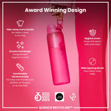 A pink water bottle is being held; it features a hide-away handle, crevice-free design, contoured grip, hygiene cover, and wide mouth. The bottle is an award-winning design.