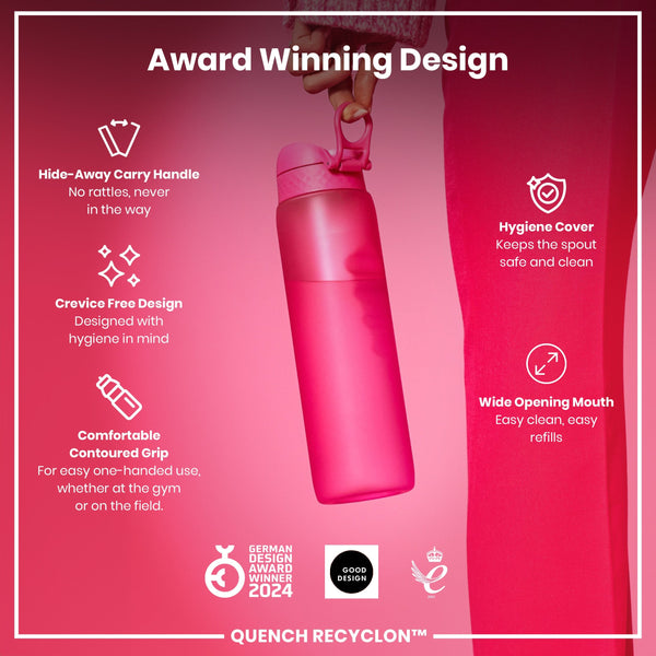 A pink water bottle is being held; it features a hide-away handle, crevice-free design, contoured grip, hygiene cover, and wide mouth. The bottle is an award-winning design.