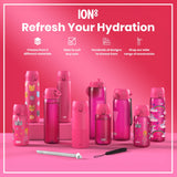 Pink ION8 water bottles, various sizes and designs, are displayed on a pink surface with accessories. Refresh Your Hydration. Choose from 3 different materials. Sizes to suit any user. Hundreds of designs to choose from. Shop our wide range of accessories.