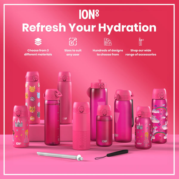 Pink ION8 water bottles, various sizes and designs, are displayed on a pink surface with accessories. Refresh Your Hydration. Choose from 3 different materials. Sizes to suit any user. Hundreds of designs to choose from. Shop our wide range of accessories.