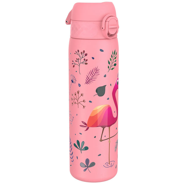 A pink water bottle, decorated with a flamingo and floral designs, stands on a white background.