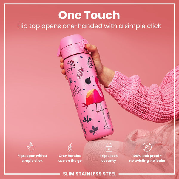 A pink, flamingo-decorated water bottle is held; its flip top opens one-handed. The bottle is slim stainless steel, leakproof, and features triple lock security.