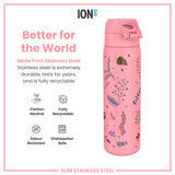 A pink stainless steel water bottle, sits against a white background; it features a floral design and is advertised as durable, recyclable, and dishwasher safe.