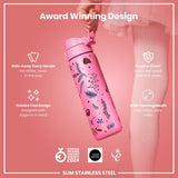 A pink water bottle with floral print is being held; it features a hide-away handle, hygiene cover, and wide mouth opening. The bottle is an award-winning design, made of slim stainless steel.